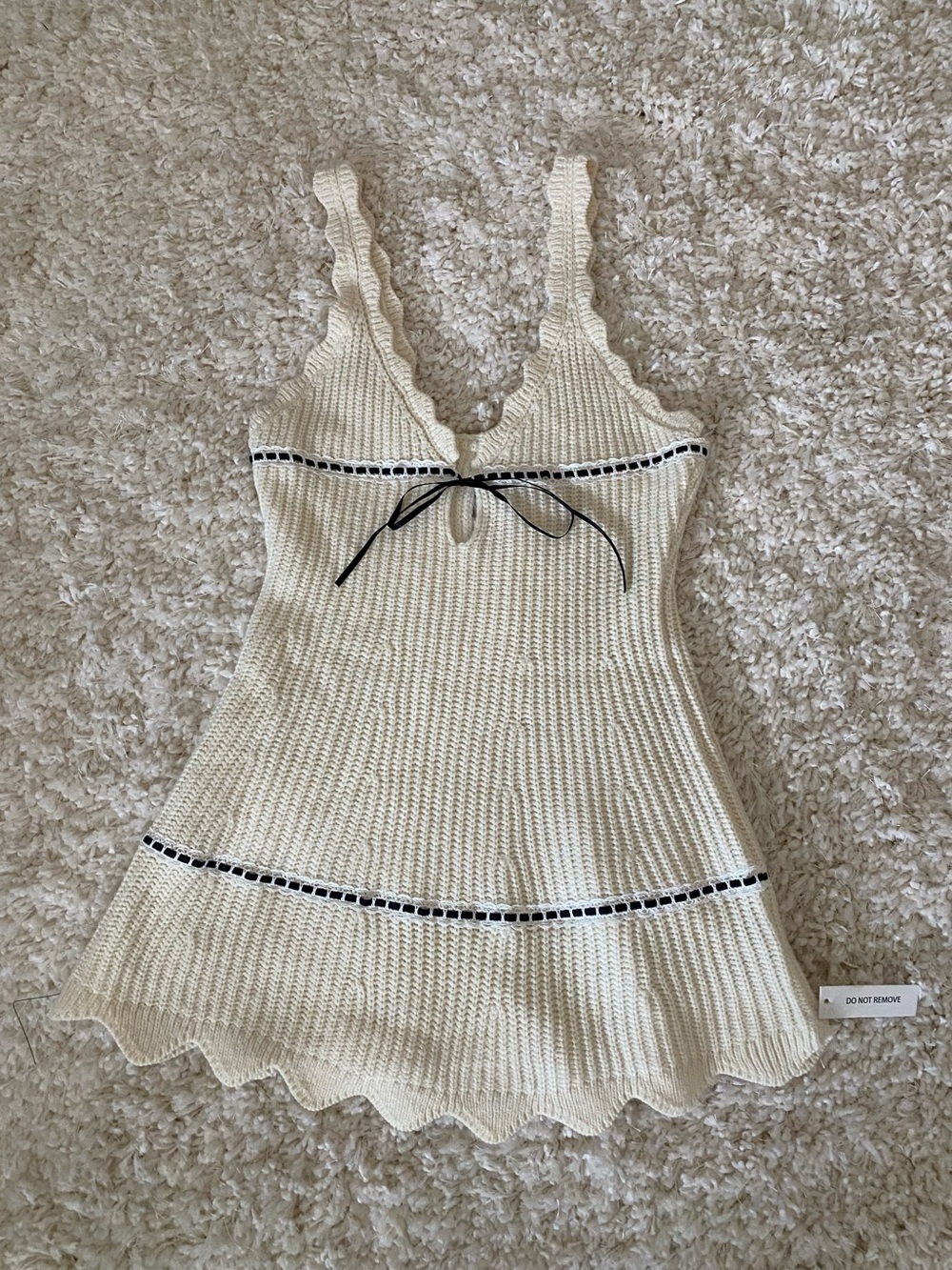 For Love and Lemons Jade Cream Knit Dress with Black Ribbon and Lace Detail - Picture 3 of 6
